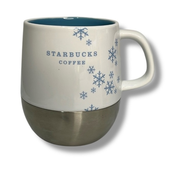 Starbucks Holiday Mug 2007 White Blue Snowflakes Metal Base 14oz Coffee Tea - Picture 1 of 6